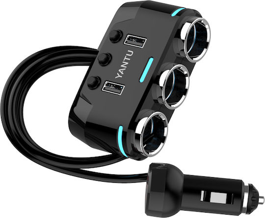 Yantu B39 - Type C Auto-Ladegerät 100W mit Anschlüssen: 2xUSB 3xZigarettenanzünder mit Kabel Eingebettet und Voltmeter Schwarz Farbe