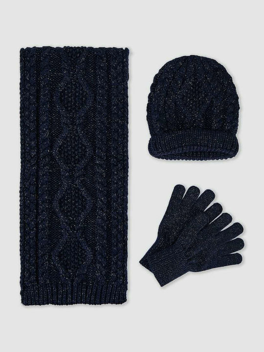 Kinder Mütze Set mit Handschuhe Gestrickt Marineblau