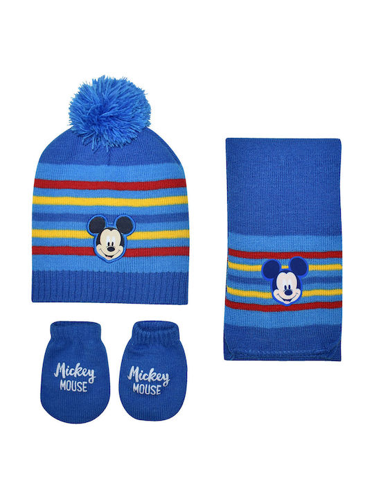 Mickey Mouse Kids Beanie Set with Scarf and Gloves Knitted Blue