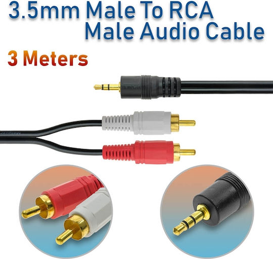 Καλώδιο Ήχου 3.5mm male - RCA male Μαύρο 3m με Επίχρυσους Ακροδέκτες