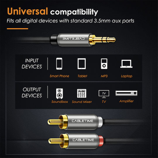Cabletime Καλώδιο Ήχου 3.5mm male - RCA male Μαύρο 1.8m με Επίχρυσους Ακροδέκτες CT-AV314-P12G-SG1.8