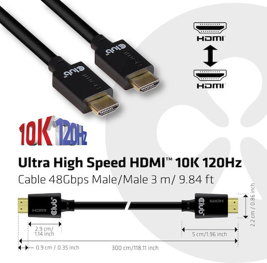 Club3D HDMI 2.1 Ultra High Speed 48Gbps 4K 120Hz HDR VRR Cable HDMI male - HDMI male 3m Μαύρο