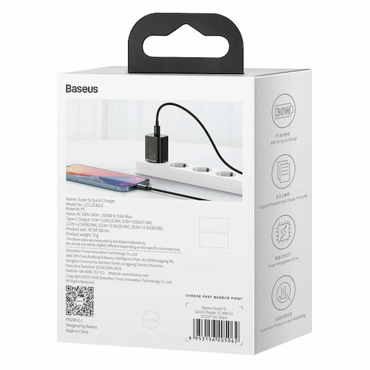Baseus Charger Without Cable with USB-C Port 30W Power Delivery Blacks (Super Si)