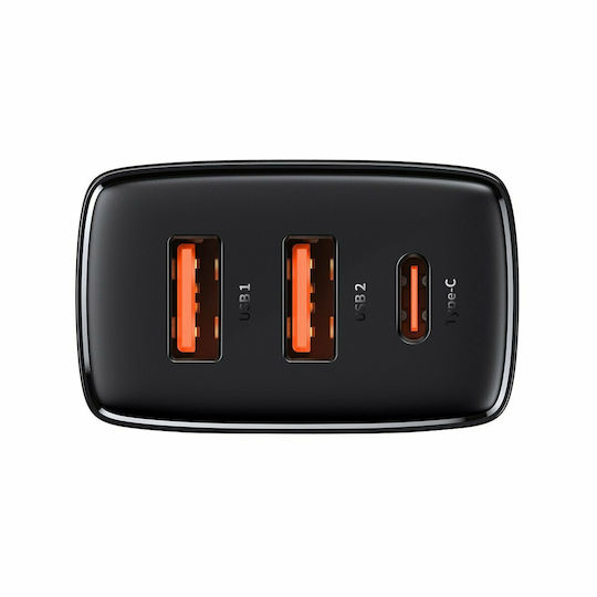 Baseus Зарядно без кабел с 2 USB-A порта и USB-C порт 30W Power Delivery Черен (Compact 2U+C)