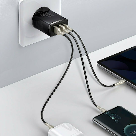 Baseus Зарядно без кабел с 2 USB-A порта и USB-C порт 30W Power Delivery Черен (Compact 2U+C)