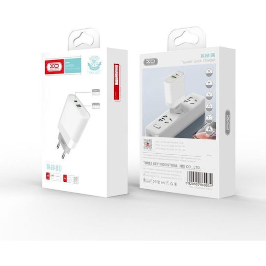 XO Charger Without Cable with USB-A Port and USB-C Port 18W Quick Charge 3.0 / Power Delivery Whites (L64)