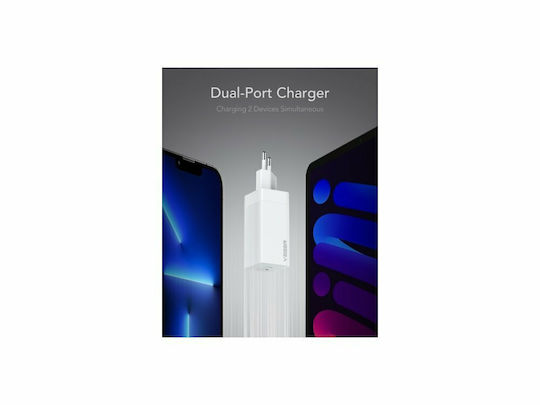 Veger Φορτιστής Χωρίς Καλώδιο GaN με Θύρα USB-A και Θύρα USB-C 65W Power Delivery / Quick Charge 3.0 / SuperCharge Λευκός (VGCPD65E)
