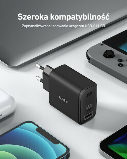 Aukey Φορτιστής Χωρίς Καλώδιο με Θύρα USB-A και Θύρα USB-C 32W Power Delivery Μαύρος (PA-F3S)