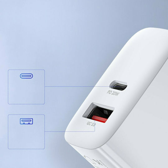 Dux Ducis Зарядно без кабел с USB-A порт и USB-C порт 20W Бял (C70)