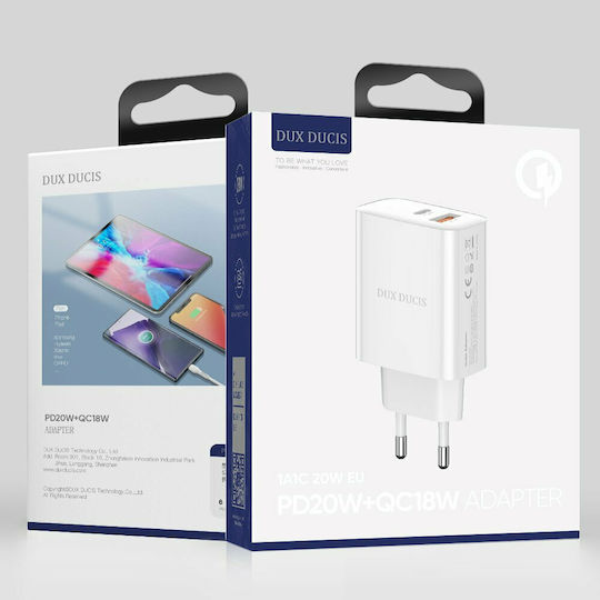 Dux Ducis Зарядно без кабел с USB-A порт и USB-C порт 20W Бял (C70)