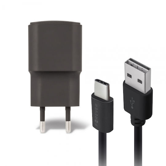 Forever Φορτιστής με Θύρα USB-A και Καλώδιο USB-C Μαύρος (TC-01)