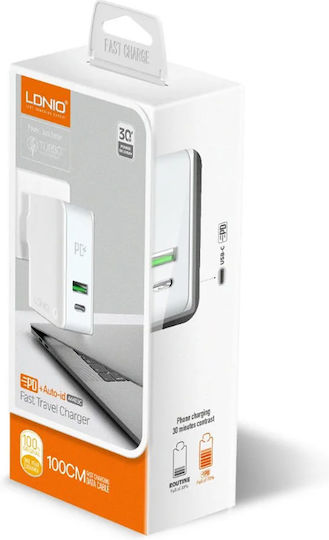 Ldnio Φορτιστής με Θύρα USB-A και Θύρα USB-C και Καλώδιο USB-C - USB-C Power Delivery Λευκός (A4403C)