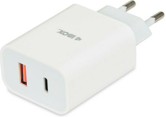 iBox Φορτιστής με Θύρα USB-A και Θύρα USB-C και Καλώδιο USB-C 20W Power Delivery / Quick Charge 3.0 Λευκός (ILUC36W)