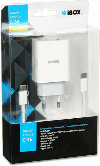 iBox Φορτιστής με Θύρα USB-A και Θύρα USB-C και Καλώδιο USB-C 20W Power Delivery / Quick Charge 3.0 Λευκός (ILUC36W)