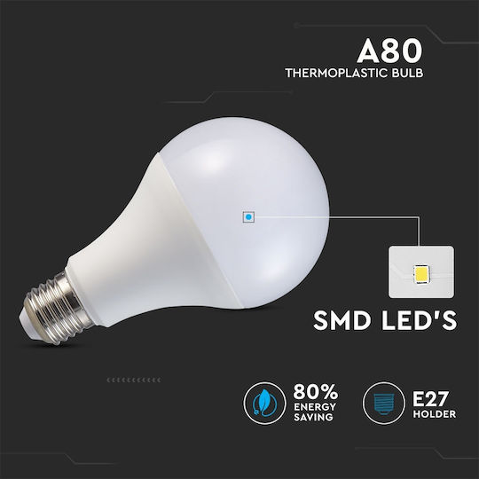 V-TAC VT-2218 Λάμπα LED 18W 80mm για Ντουί E27 και Σχήμα A80 Θερμό Λευκό 2000lm