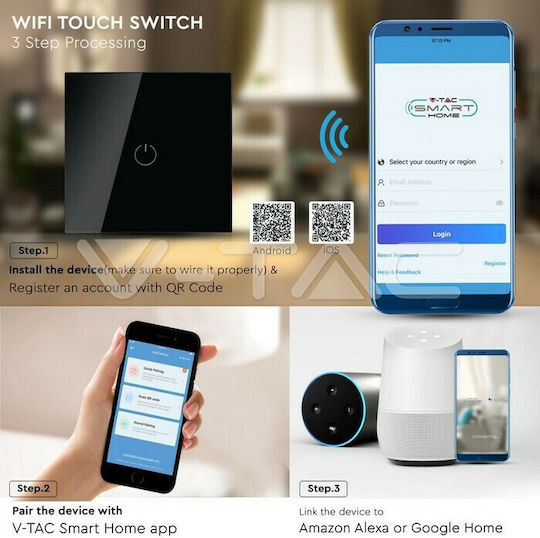 V-TAC Recessed Touch Wall Switch Wi-Fi Lighting One-Way with Frame Black