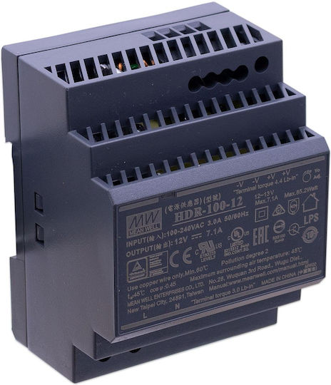 Mean Well Τροφοδοτικό Ράγας με Έξοδο 12V και Ισχύ 85.2W 7.1A