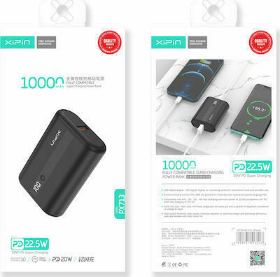 Xipin PX713 Power Bank 10000mAh 22.5W με Θύρα USB-A και Θύρα USB-C Power Delivery Μαύρο