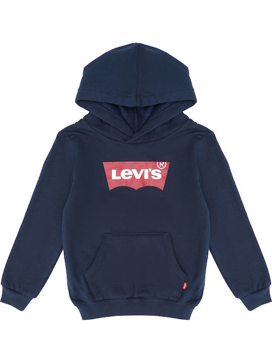 Fleece Kids Sweatshirt with Hood and Pockets Navy Blue Batwing Screenprint