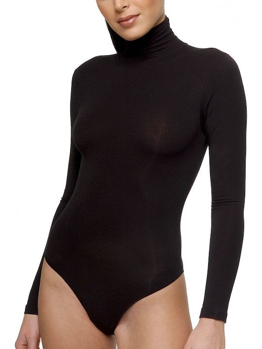 Lingerie Long Sleeve Turtleneck Bodysuit Slim Fit Black