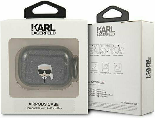 Karl Lagerfeld Karl`s Head Glitter Θήκη Σιλικόνης με Γάντζο σε Μαύρο χρώμα για Apple AirPods Pro