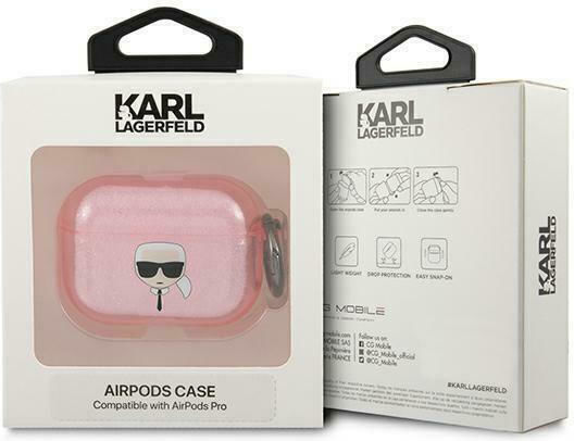 Karl Lagerfeld Karl`s Head Glitter Silikonhülle mit Haken in Rosa für Apple AirPods Pro