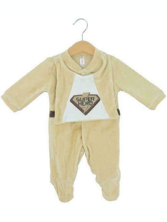 Dreams by Joyce Super Hero Baby Bodysuit Set Long-Sleeved Velvet with Accessories Beige