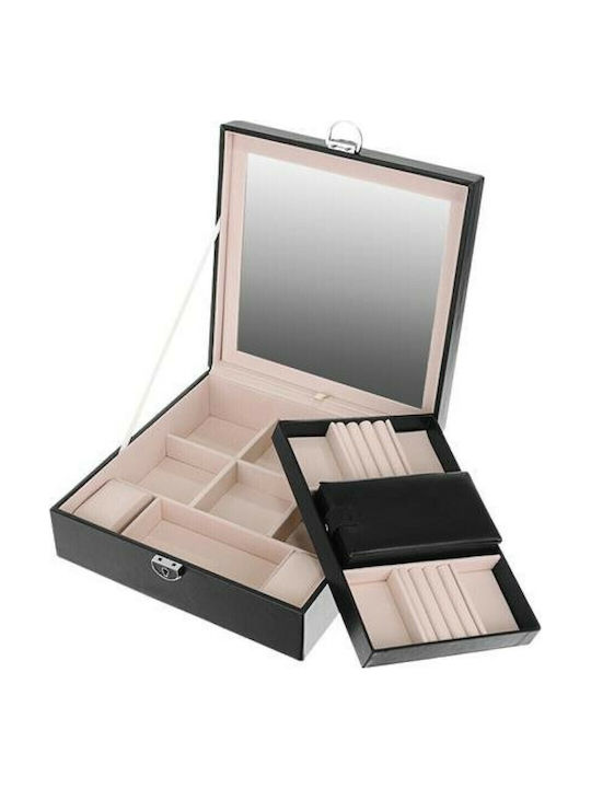 Beautylushh Wooden Jewellery Box with Drawer & Mirror Black 25.5x25.5x9cm