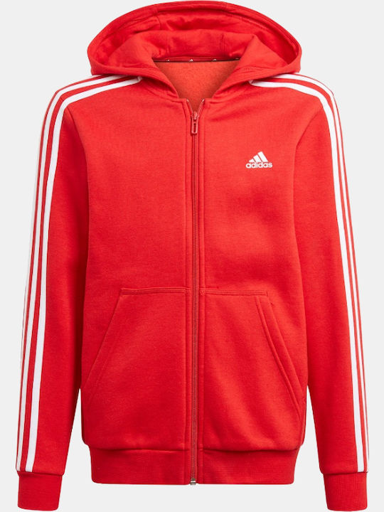 Fleece Παιδική Φούτερ Ζακέτα με Κουκούλα και Τσέπες Κόκκινη Essentials 3-Stripes