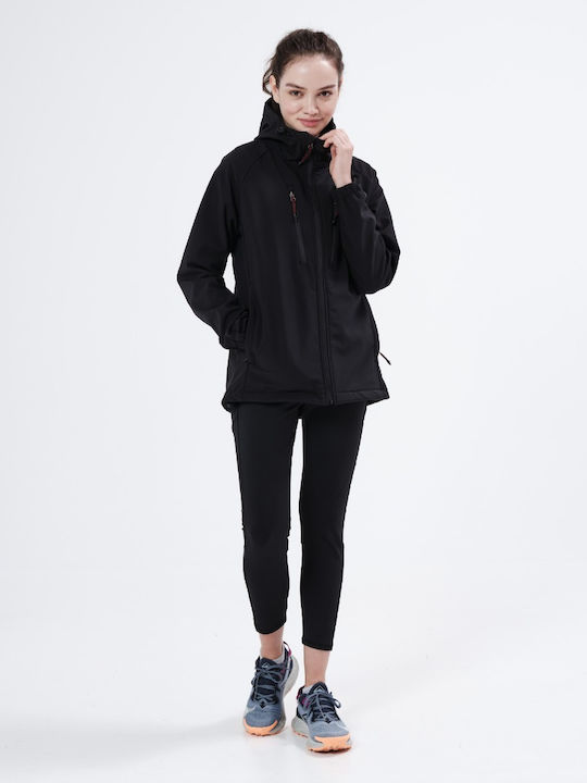 Women's Long Sports Softshell Jacket Waterproof and Windproof for Winter with Hood Black
