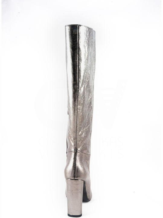 Leather High Heel Women's Boots with Zipper Silver
