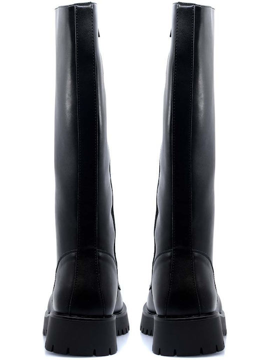 Synthetic Leather Medium Heel Women's Boots with Laces / Zipper Black
