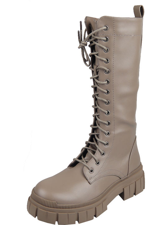 Synthetic Leather Medium Heel Women's Boots with Laces Beige
