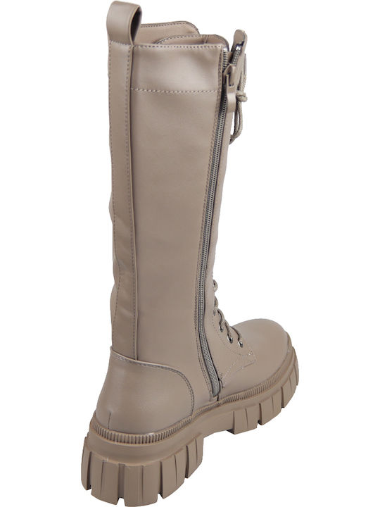 Synthetic Leather Medium Heel Women's Boots with Laces Beige