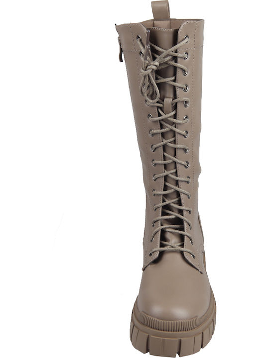 Synthetic Leather Medium Heel Women's Boots with Laces Beige