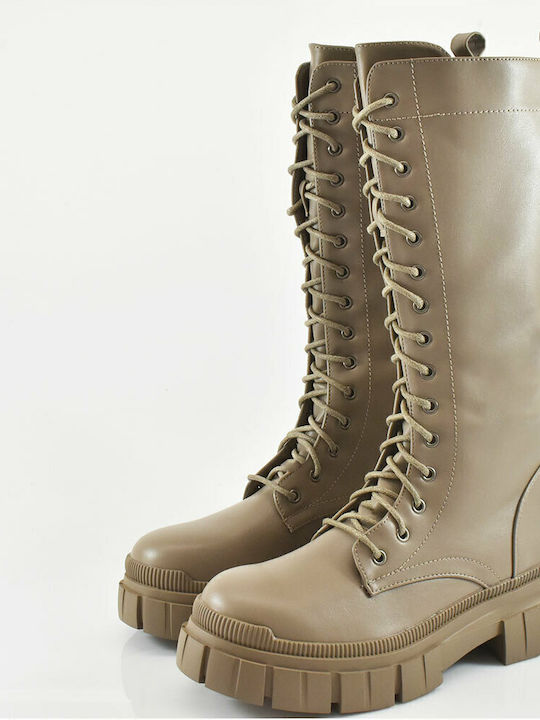 Synthetic Leather Medium Heel Women's Boots with Laces Beige