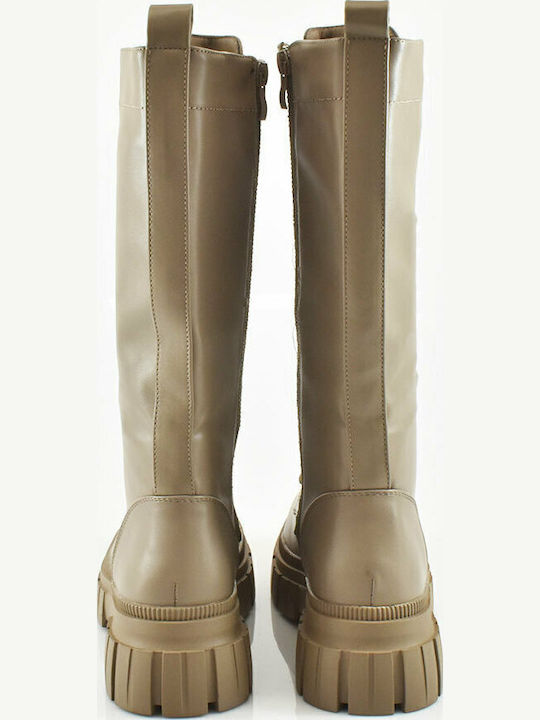Synthetic Leather Medium Heel Women's Boots with Laces Beige