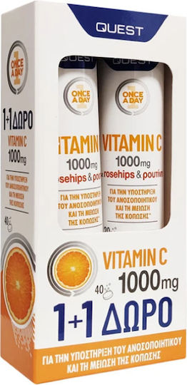 Quest Vitamin C With Rosehips & Rutin Βιταμίνη για Ενίσχυση του Ανοσοποιητικού, τo Δέρμα & Αντιοξειδωτική δράση 1000mg Πορτοκάλι 2 x 20 αναβράζοντα δισκία