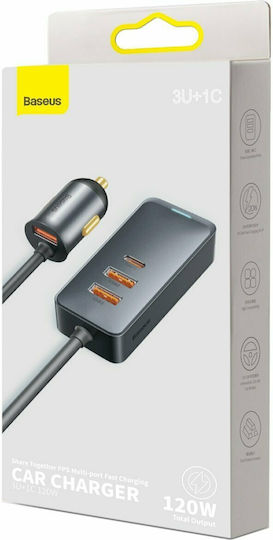 Baseus Share Together Încărcător Auto 120W Încărcare Rapidă cu Porturi: 3xUSB 1xType-C Gri Culoare