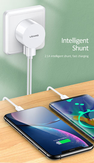 Usams Ladegerät mit 2 USB-A Anschlüsse und Kabel USB-C Weißs (T20)