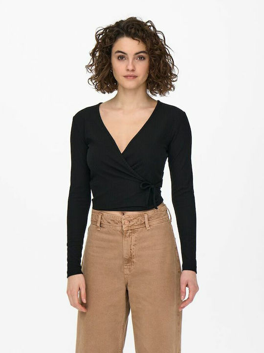 Emma Damen Crop Top Langarm mit V-Ausschnitt Schwarz