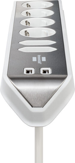 Brennenstuhl Power Strip 6 Positions with 2 USB-A and Cable 2m Silver