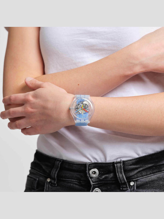 Swatch Clearly Blue Striped Ανδρικό Ρολόι 41mm Μπαταρίας με Μπλε Καουτσούκ Λουράκι