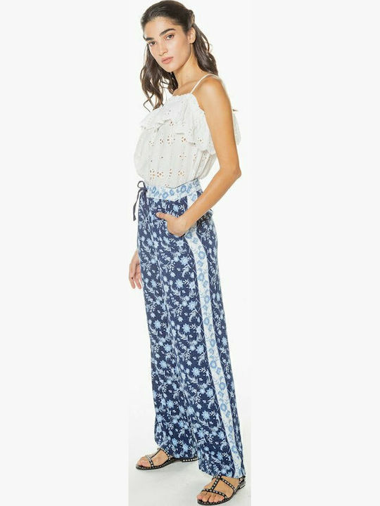 Lydia Women's High-waisted Fabric Trousers with Elastic in Regular Fit Floral Blue