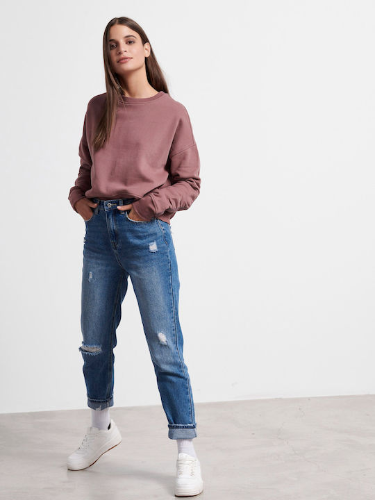 Hoch tailliert Damenjeans mit Rissen in Mom-Passform