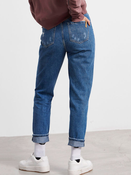 Hoch tailliert Damenjeans mit Rissen in Mom-Passform