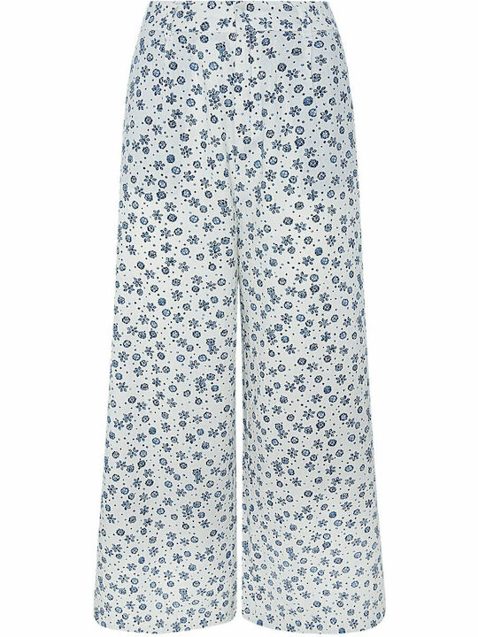 Lois Women's High-waisted Linen Trousers in Wide Line Floral Blue