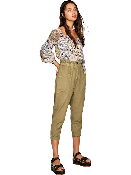Lia Women's High-waisted Fabric Capri Trousers with Elastic Regular Fit Khaki