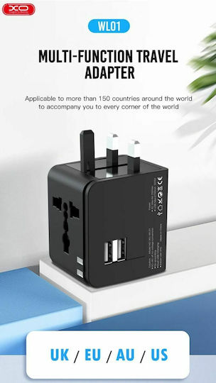 XO WL01 Αντάπτορας Πρίζας από Universal σε Universal με 2 Θύρες USB