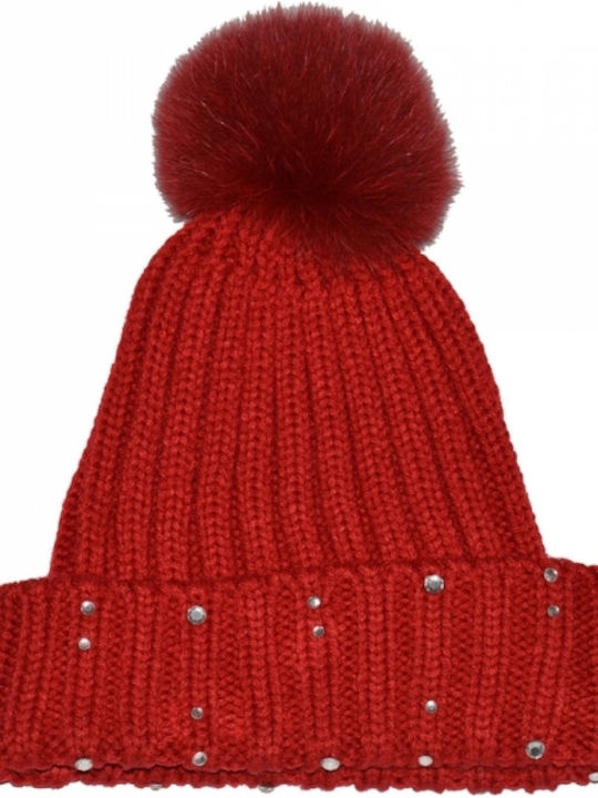 Pom Pom Beanie Unisex Beanie with Rib Knit in Red color